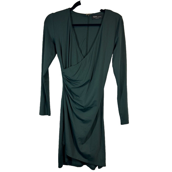 TEN BY BABATON Dark Green Stretch Nylon Wrap & Gathered Evening Dress Sz M C26 - Picture 1 of 6
